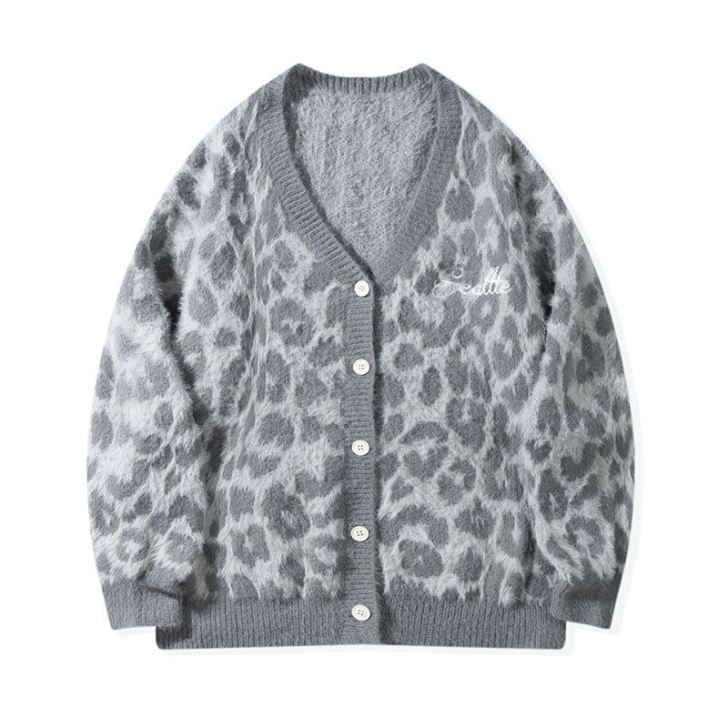 Retro Leopard Print Knit Cardigan – Unisex Oversized V-Neck Sweater (Gray, S/M/L/XL)_viptrois.com