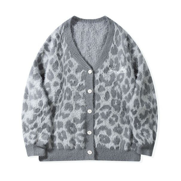 Retro Leopard Print Knit Cardigan – Unisex Oversized V-Neck Sweater (Gray, S/M/L/XL)_viptrois.com