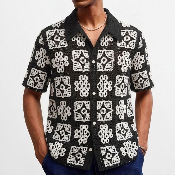 Men's Black And White Checkered Color Blocked Crochet Openwork Knit Top, Casual Short Sleeved Cardigan, Polo Shirt SY0187_viptrois.com