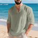 Men's Relaxed Fit V-Neck Linen Long Sleeve T-Shirt - Breathable Pure Color Casual Top For Autumn (S-XXXL)_viptrois.com