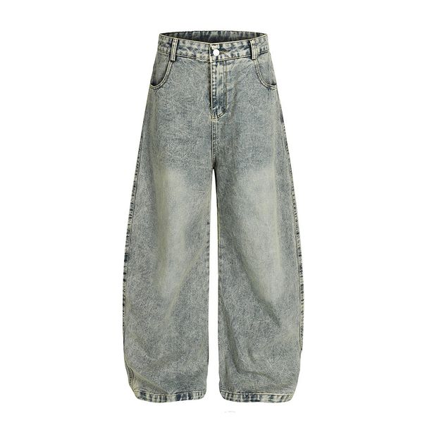 Vintage Washed Plaid Patchwork Scimitar Jeans Men's Trendy Hip-Hop Design Sense Personality Oversized Wide-Leg Pants_viptrois.com