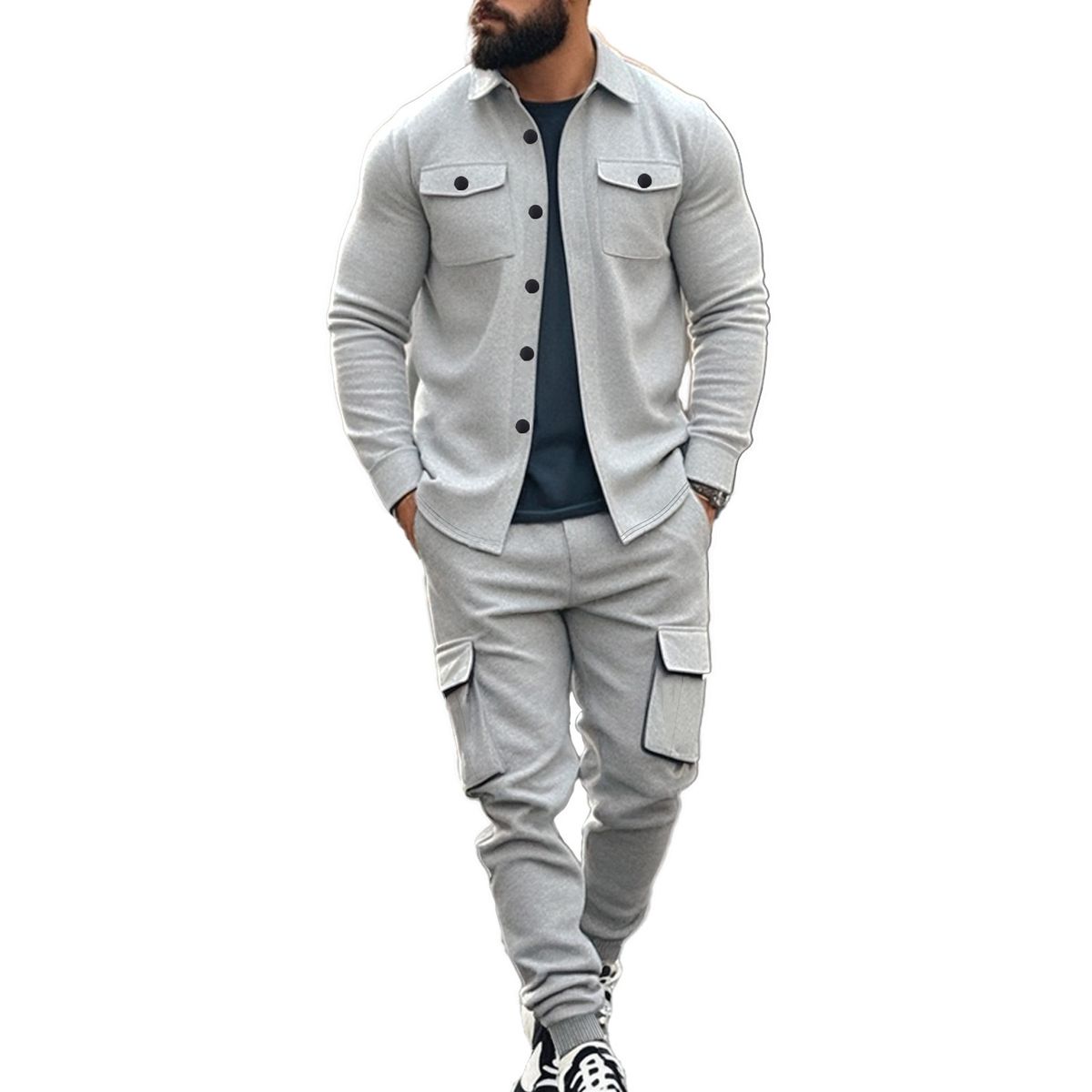 Men's Clothing Men's Fleece Tactical Hunting Jacket Set With Stand Collar - Outdoor Workwear Two-Piece Suit, Loose Fit, Warm & Comfortable_viptrois.com