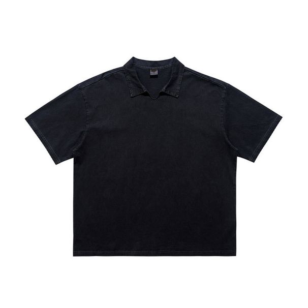 American High Street Style Washed Short-sleeve Turn-down Collar T-shirt For Men, Loose Fit, Large Size, Black_viptrois.com