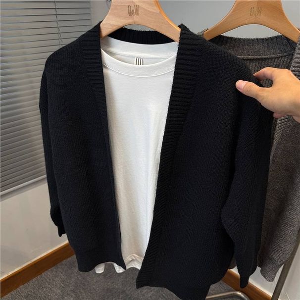 Pure Cleanfit Coffee Color V-Neck Sweater Men's Autumn Winter Lazy Style Thick Knitted Cardigan High-End Feel Jacket_viptrois.com