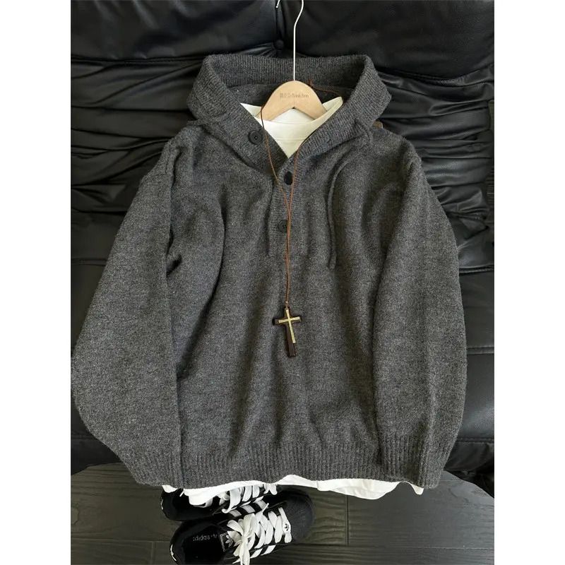 Hooded Sweater Men's Autumn/winter Half Cardigan Casual Pullover Knitted Sweater Loose Jacket_viptrois.com