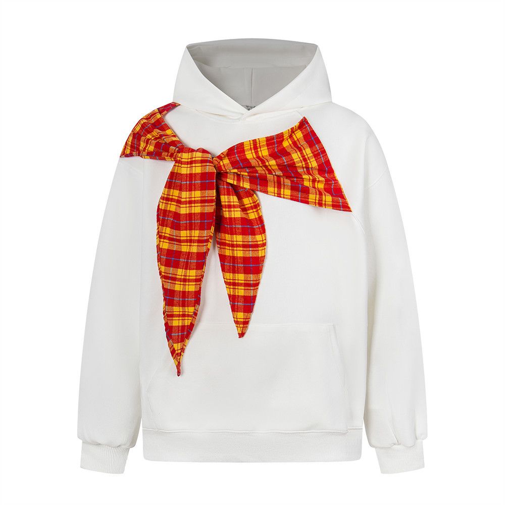 Patchwork Plaid Butterfly Lace-Up Hoodie American Style Trendy Brand Men's Fashion Vibe Design Loose Casual Pullover_viptrois.com