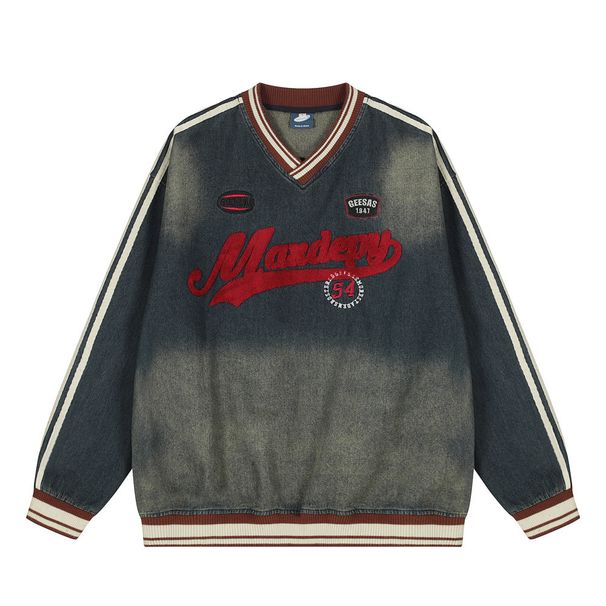 Letter Embroidery Washed Gradient Denim V-Neck Sweatshirt Men's Loose Vintage Punk Spring Autumn INS American Style_viptrois.com