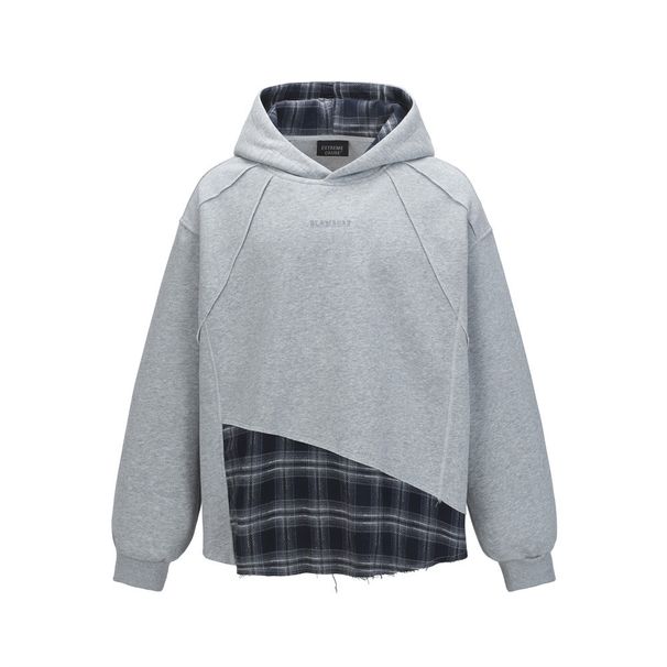 Two-Piece Hooded Sweatshirt For Men, Patchwork Plaid Irregular Design, Deconstructed Niche Loose Fit Sports Shirt,_viptrois.com