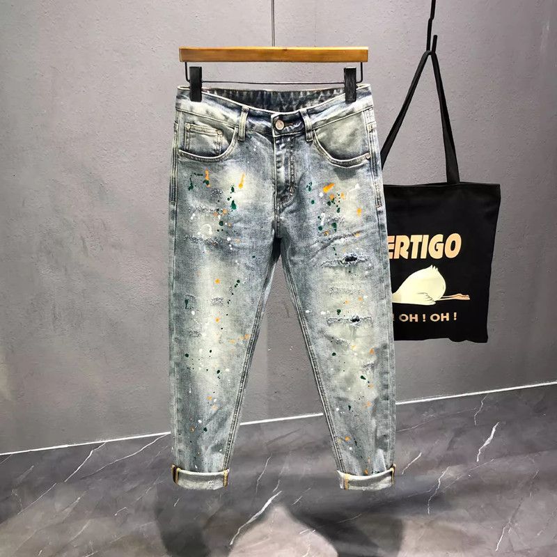 Men's Clothing Autumn Light Luxury Fashion Ripped Paint Jeans For Men Trendy Elastic Slim Fit Casual Skinny Trousers_viptrois.com