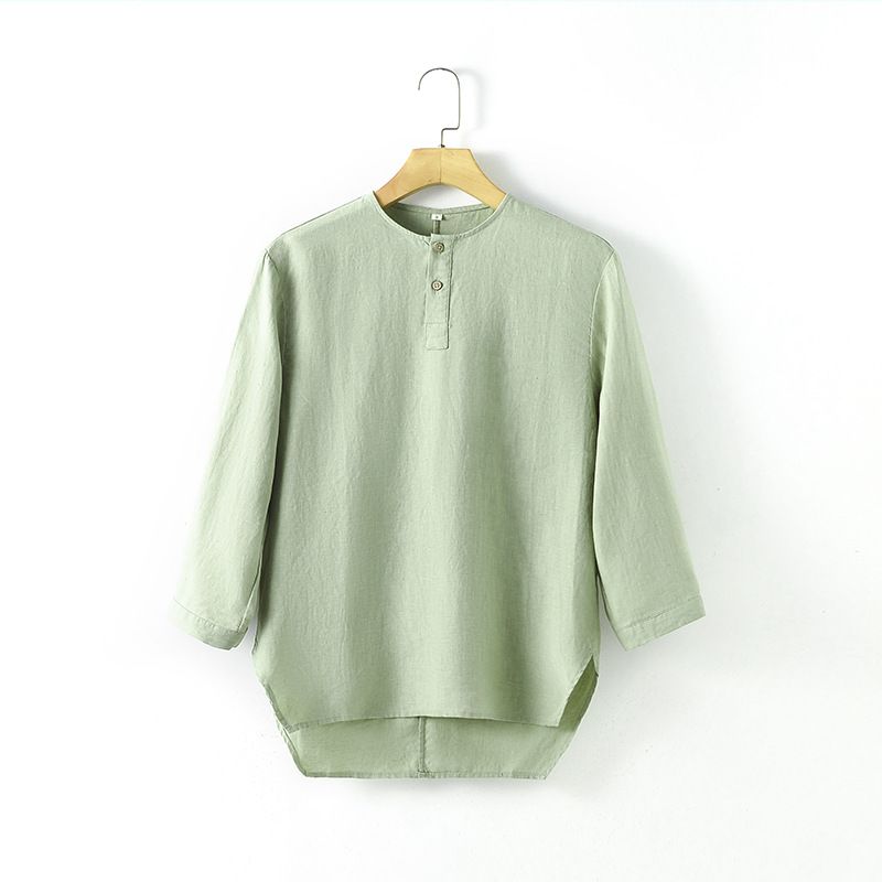 2024 Summer Casual Linen Men's Wear Simple Round Neck Three-quarter Sleeve Linen T-shirt Loose Breathable Top C009_viptrois.com