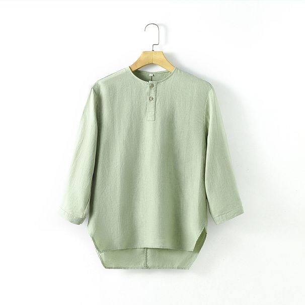 2024 Summer Casual Linen Men's Wear Simple Round Neck Three-quarter Sleeve Linen T-shirt Loose Breathable Top C009_viptrois.com