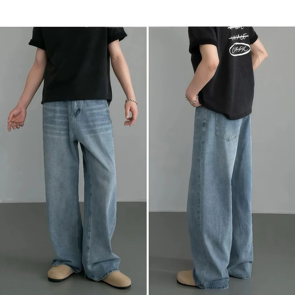 Men’s Washed Wide-Leg Jeans – Retro Distressed Loose Straight Pants (Black Gray/Light Blue/Retro Blue/Nostalgic Blue, S-3XL)_viptrois.com