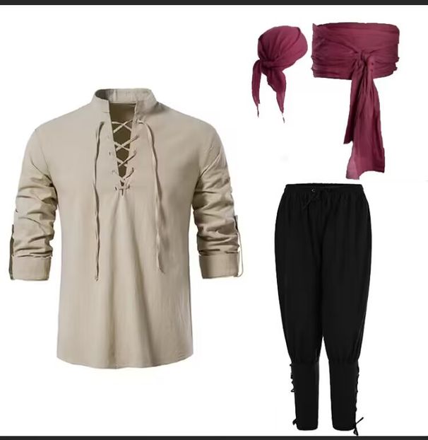 Men's long sleeved 2023 cotton and linen set, four piece casual beach stand up collar shirt, European size wide_viptrois.com