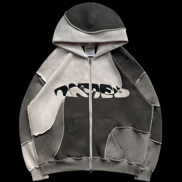 Street Style Men's Women's Patchwork Color Contrast Zippered Hoodie With Open Thread Design, Loose Fitting Jacket And_viptrois.com