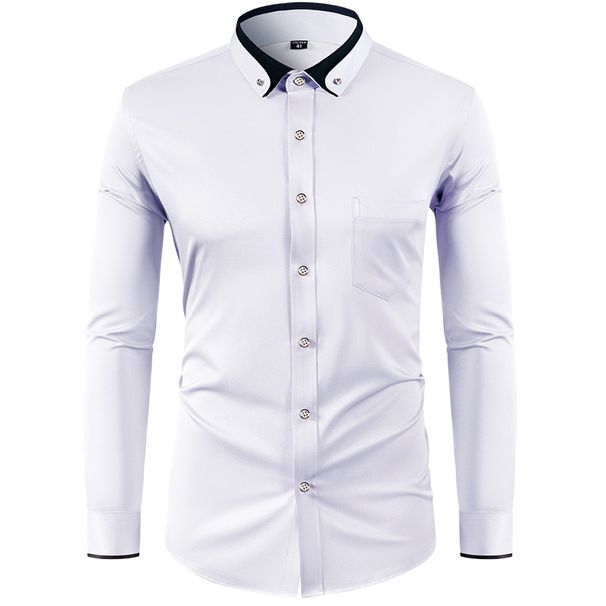 K Elastic Shirt Long Sleeved Diamond Button Contrasting Collar Solid Color Slim Fit Men's Shirt Men's Clothing_viptrois.com