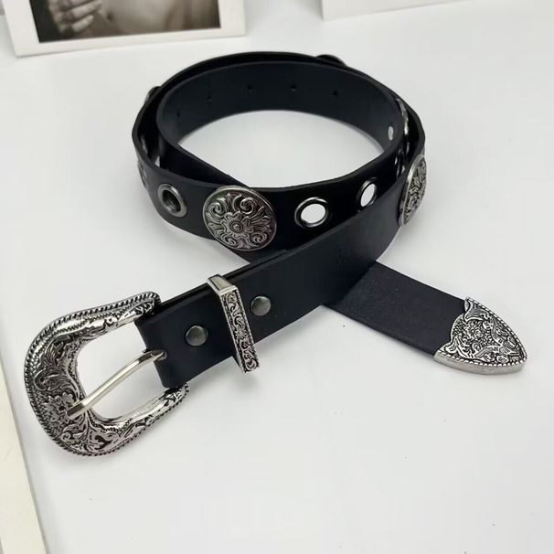 New Versatile Ethnic Style For Women, Black Creative Bronze Pattern Rivet Decor Punk Belt_viptrois.com