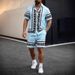 Men's Casual Striped Digital Print Suit Short Sleeve Shirt And Beach Shorts Set Style_viptrois.com