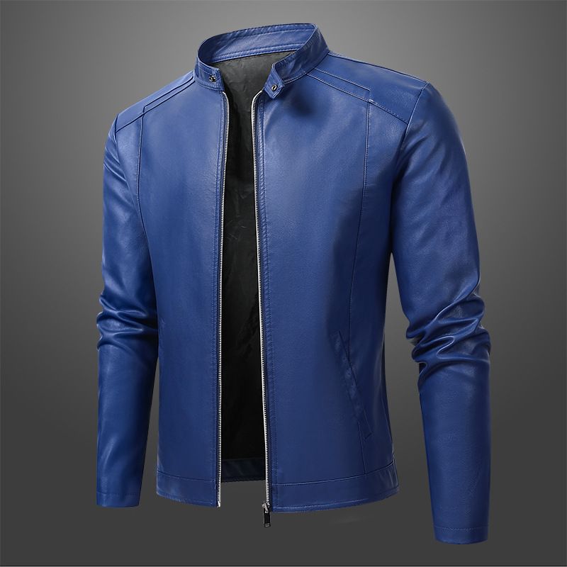 Men's Motorcycle Leather Jacket New Stand Up Collar Leather Jacket Casual Plus Velvet Thickened Slim Leather Jacket Coat_viptrois.com