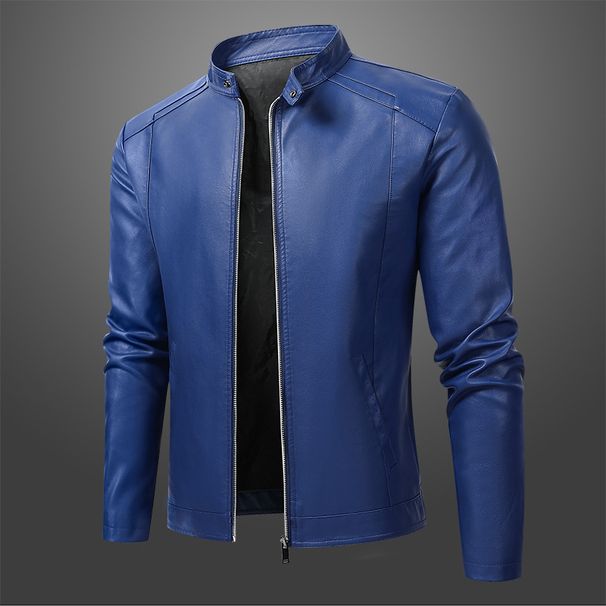 Men's Motorcycle Leather Jacket New Stand Up Collar Leather Jacket Casual Plus Velvet Thickened Slim Leather Jacket Coat_viptrois.com