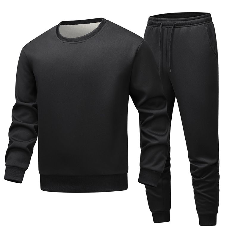 Men's Sherpa-Lined Sweatsuit Set – Winter Thermal Round Neck Hoodie & Joggers, Thickened Fleece-Lined Casual Outfit For Streetwear & Lounge_viptrois.com