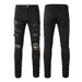 Men's Clothing Washed Cat Whisker Wrinkled Hole Snake Black Elastic Slim Fit Skinny Jeans Jeans_viptrois.com