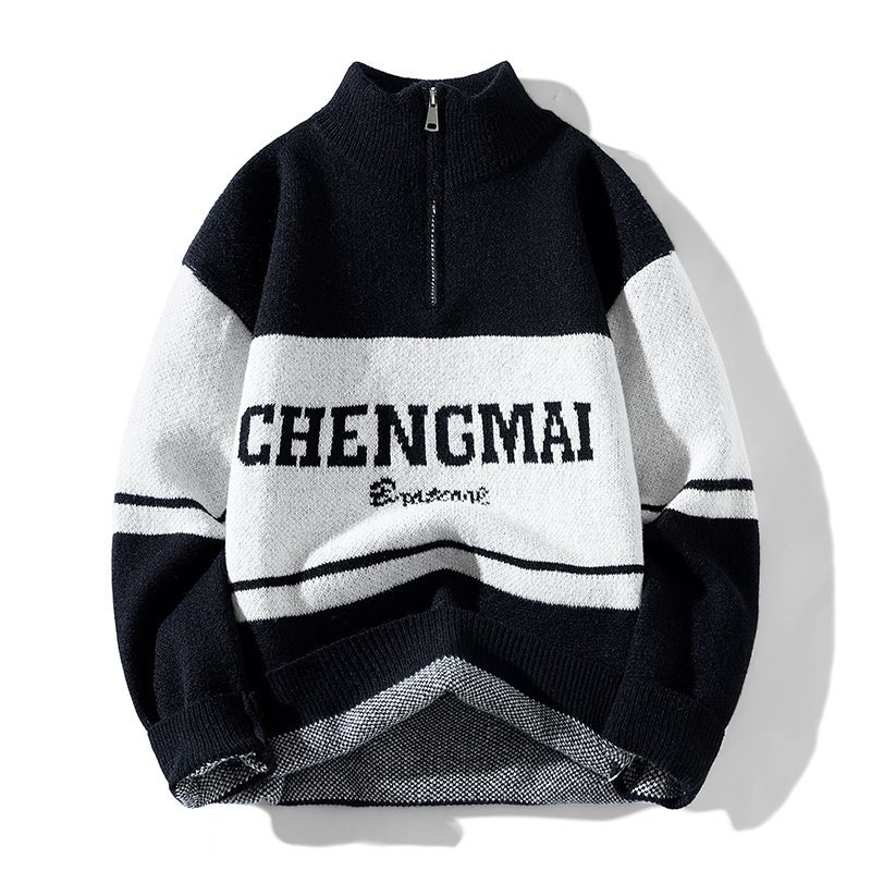 Retro Jacquard Turtleneck Sweater For Couples – Contrast Color Lettered Pullover In Black/Navy Blue (Sizes M-3XL)_viptrois.com