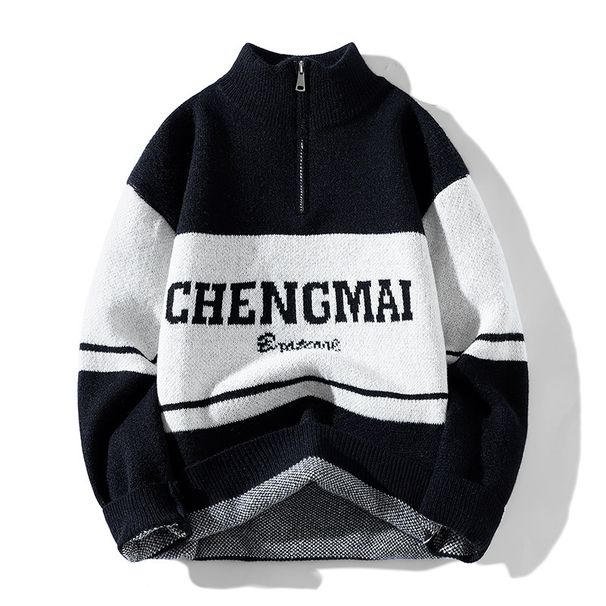 Retro Jacquard Turtleneck Sweater For Couples – Contrast Color Lettered Pullover In Black/Navy Blue (Sizes M-3XL)_viptrois.com