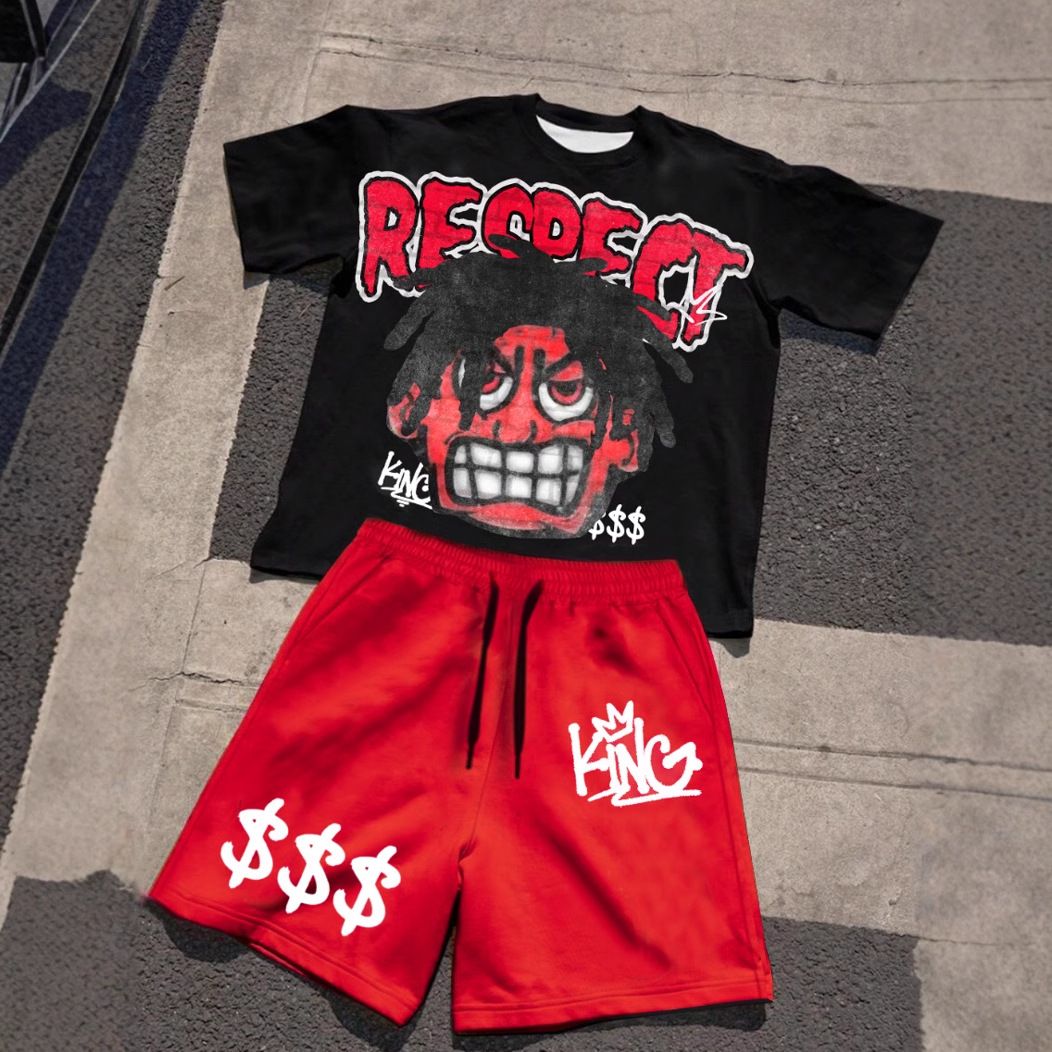 25 Years Of New Men's Summer American Street T-shirt Short Sleeves And Shorts Set Cartoon Angry Child Print_viptrois.com