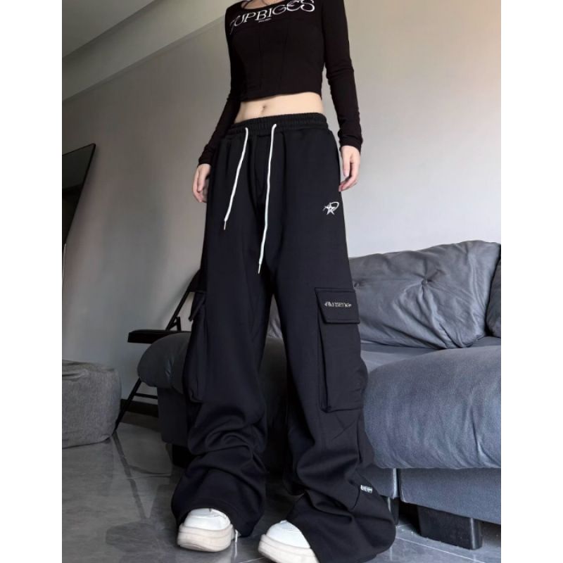 Men's Clothing Autumn and winter straight loose sweatpants casual sports pants embroidered retro multi pocket design overalls for men and women_viptrois.com