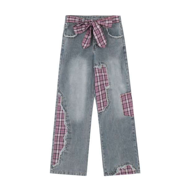 Irregular Patchwork Jeans For Men, Trendy Brand With Bow Belt Design, Niche Plaid Straight-Leg Pants_viptrois.com