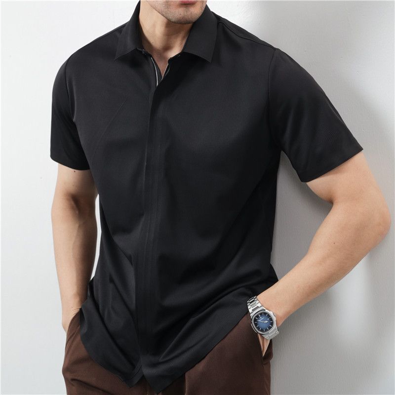 Men's Slim Fit Zippered Short Sleeve Shirt - Light Luxury Seamless Laminated Design (Versatile & Breathable)_viptrois.com