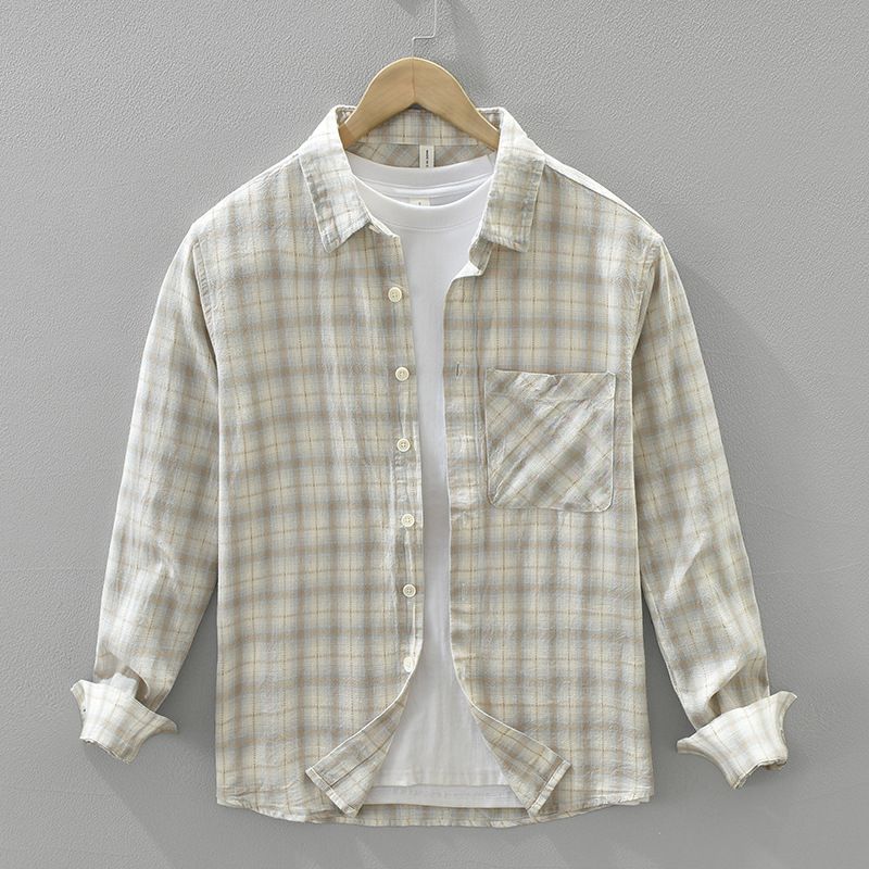 Fresh Plaid Long Sleeved Shirt For Men, Fashionable And Versatile, Artistic And Casual Loose Top_viptrois.com