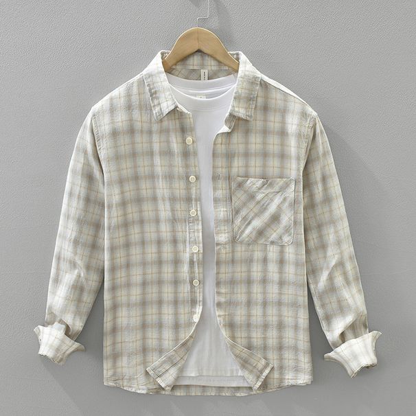 Fresh Plaid Long Sleeved Shirt For Men, Fashionable And Versatile, Artistic And Casual Loose Top_viptrois.com