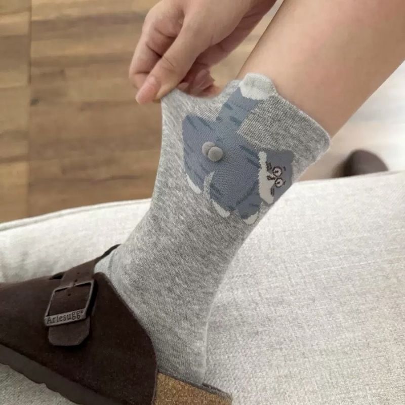 Original Cartoon Egg Cat Funny Socks Women's Tube Socks Ins Trendy Spring And Autumn Cotton Socks Cute Animal Boneless Socks_viptrois.com