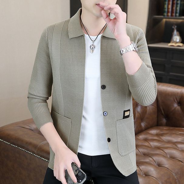 Foreign Trade Spring And Autumn New Style Lapel Badge Cardigan Trendy Youth Men's Casual Long Sleeve Knitted Sweater_viptrois.com