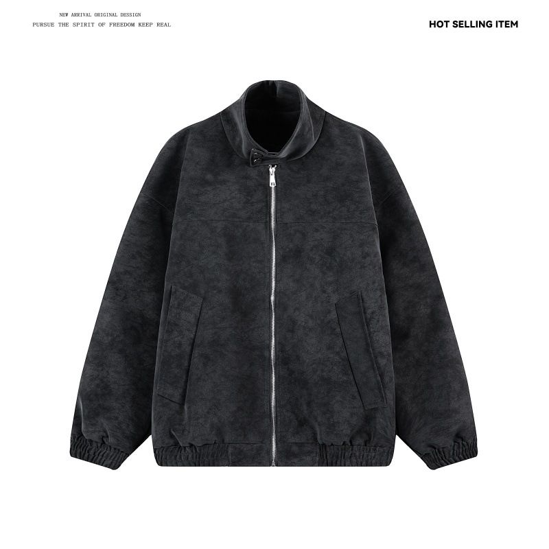 Men's Stand Collar PU Leather Jacket Trendy Brand Fashion Retro Stand Collar Tie Dye Loose Jacket Coat_viptrois.com