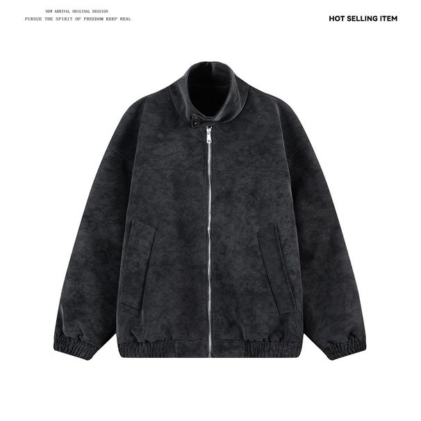 Men's Stand Collar PU Leather Jacket Trendy Brand Fashion Retro Stand Collar Tie Dye Loose Jacket Coat_viptrois.com