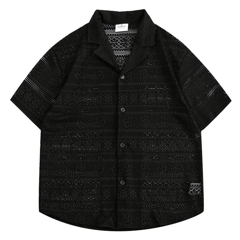 Men's Clothing Hollow Pattern Short Sleeved Shirt Loose Five Point Sleeve Casual Shirt_viptrois.com