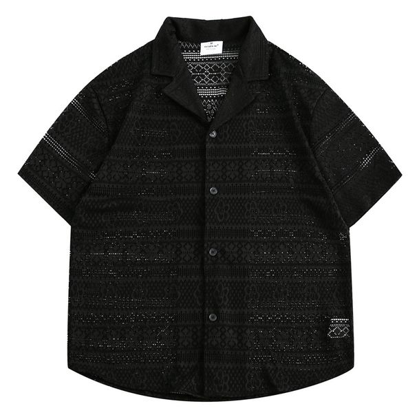Men's Clothing Hollow Pattern Short Sleeved Shirt Loose Five Point Sleeve Casual Shirt_viptrois.com
