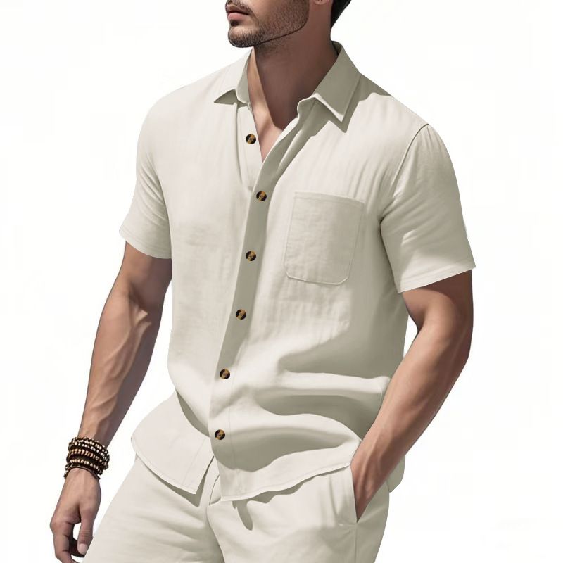 Summer Men's Woven Lapel Solid Color Large Size Casual Simple Business Short Sleeved Shirt Men_viptrois.com