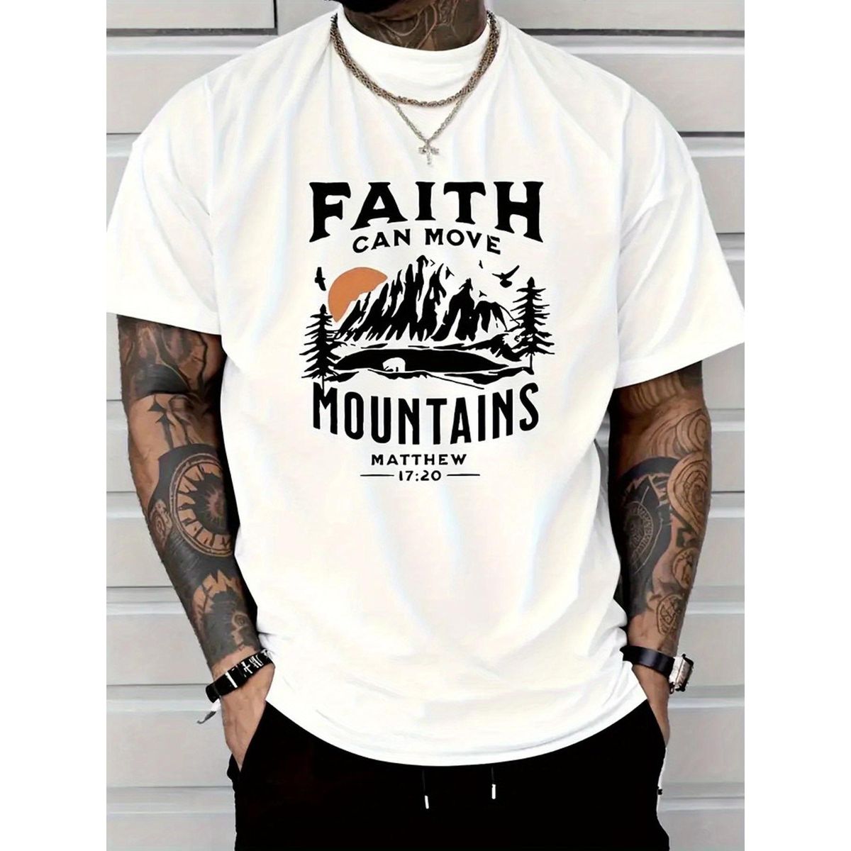 Hombre 100% Algodón Faith Can Move Mountains - Impresión Bíblica Inspiradora, Cuello Redondo, Manga Corta, Camiseta_viptrois.com