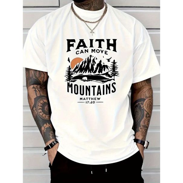Hombre 100% Algodón Faith Can Move Mountains - Impresión Bíblica Inspiradora, Cuello Redondo, Manga Corta, Camiseta_viptrois.com