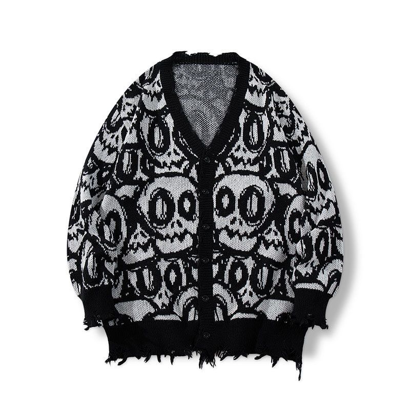 Grunge Skull Print Cardigan – Distressed Fringe Oversized Sweater (Gothic, Unisex, V-Neck)"_viptrois.com
