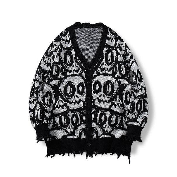 Grunge Skull Print Cardigan – Distressed Fringe Oversized Sweater (Gothic, Unisex, V-Neck)"_viptrois.com