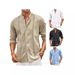 Men's Cotton Linen Short Sleeve Shirt - Breathable Summer Casual Shirt For Beach Vacation, Relaxed Fit Stand Collar Button Up Shirt_viptrois.com