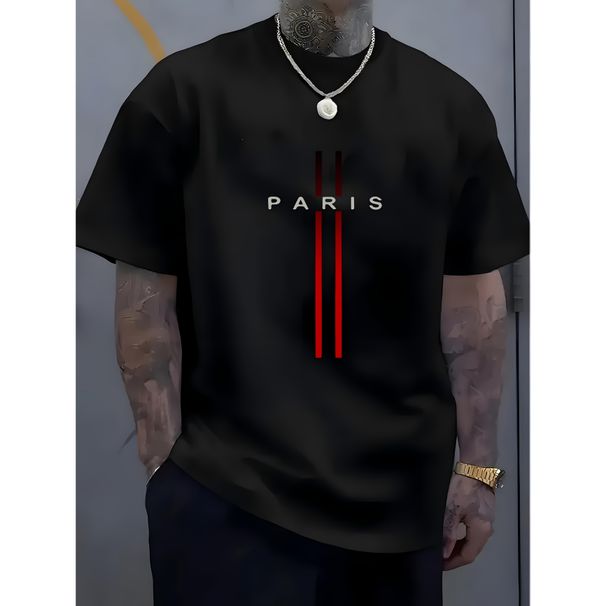 Camiseta Algodón Con Estampado Gráfico De París Hombres - Cuello Redondo Suave, Estilo Urbano Ligeramente Elástico,_viptrois.com