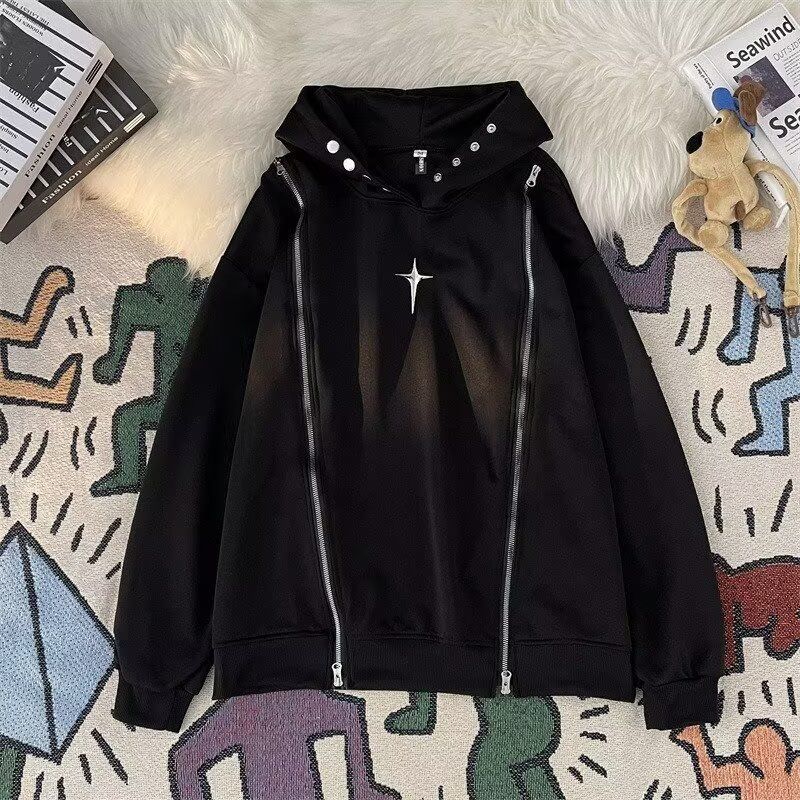 Men's Hip Hop Hooded Sweatshirt With Dual Metal Zippers, Oversized Streetwear Pullover For Casual Fashion_viptrois.com