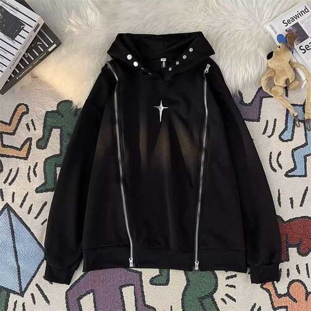Men's Hip Hop Hooded Sweatshirt With Dual Metal Zippers, Oversized Streetwear Pullover For Casual Fashion_viptrois.com