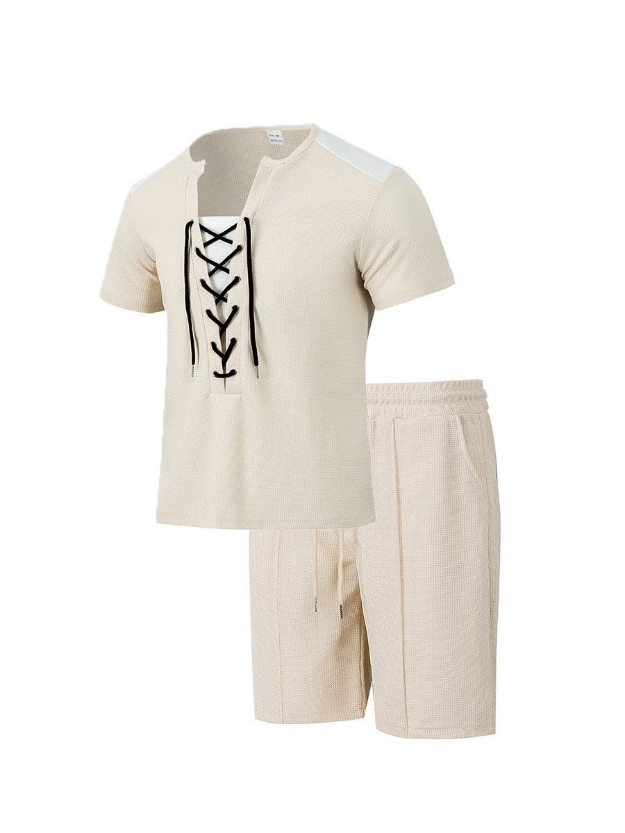 Men's Casual Drawstring Shorts And T-Shirt Set - Breathable Cotton Lounge Wear, Street Style Two-Piece Outfit For Summer_viptrois.com