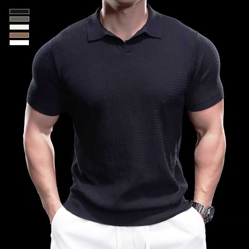 Men's Clothing Summer New Short Sleeved Sweater Men's Ice Silk Polo Shirt V Neck Lapel Slim Business T Shirt_viptrois.com